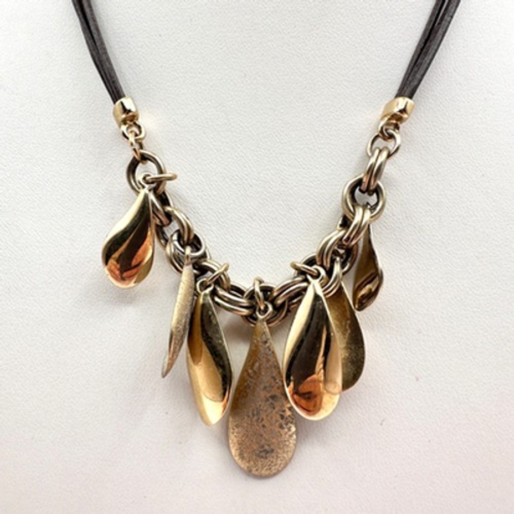 Vintage Y2K Boho Gold Tone Teardrop Charm Necklace with Leather Cord
